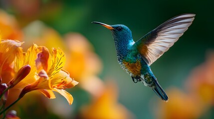 Fototapeta premium Kolibri schwebt in der Luft und trinkt Nektar aus Blüte 