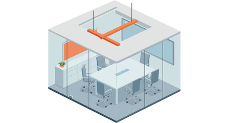Modern isometric glass office meeting room with chairs and table