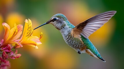 Fototapeta premium Kolibri schwebt in der Luft und trinkt Nektar aus Blüte 
