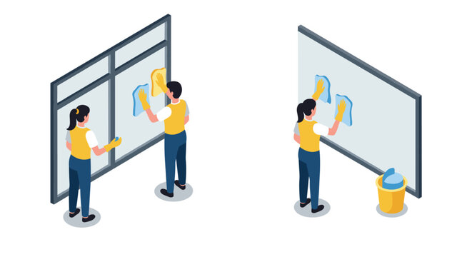 Isometric people cleaning glass surfaces with cloth and bucket