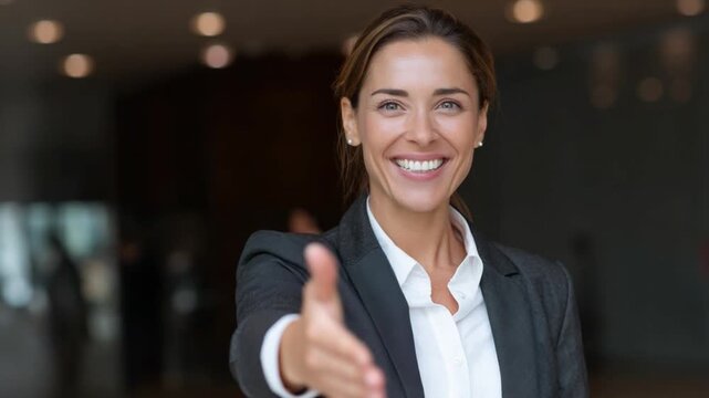 Elegant Welcome in Business: A poised business professional extends a welcoming hand, embodying confidence and approachability, perfect for creating a positive first impression.
