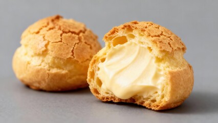 Two golden baked pastry puffs filled with rich vanilla cream sit on a neutral surface