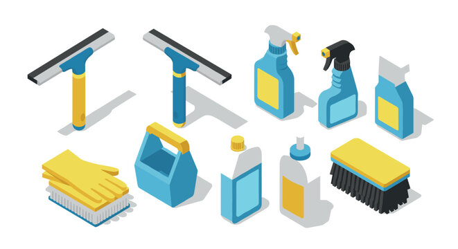 Isometric cleaning supplies collection with yellow and blue color scheme