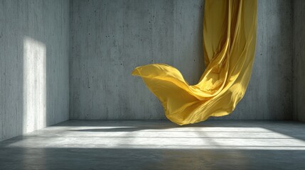 Minimalist interior with flowing yellow fabric in sunlight, elegant modern art composition with soft shadow and concrete texture