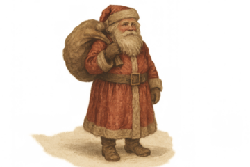 Vintage santa claus carrying sack with gifts, celebrating christmas and holiday season on transparent background