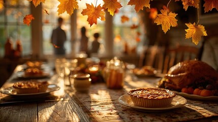 Family Holiday Feast with Autumn Leaves and Warm Sunlight Gathering