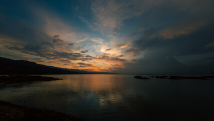 Scenic View of Lake Against Cloudy Sky at Sunset