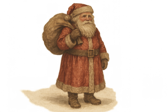 Vintage santa claus carrying sack with gifts, celebrating christmas and holiday season on transparent background