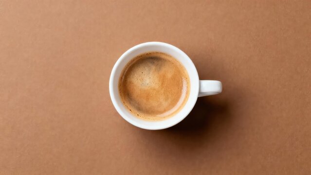 Overhead view showcases a white ceramic cup filled with rich espresso coffee resting on a solid brown surface.