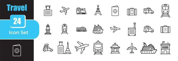 Collection of travel and tourism icons in a clean outline style for your next project