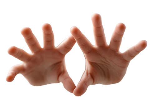 Two hands, palms facing outward, fingers spread apart,  against black background.  Close-up, childlike - Powered by Adobe