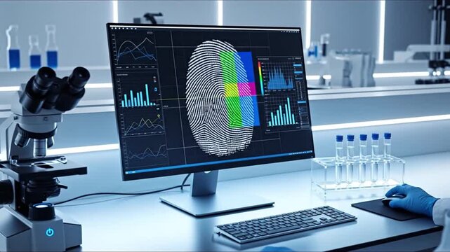 Forensic analysis of digital fingerprints on a computer screen in a modern science laboratory, showcasing advanced biometric technology for identification and investigative research