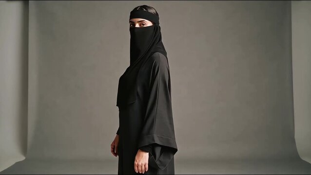 A woman wearing a black niqab and abaya stands in a studio setting, looking towards the camera.