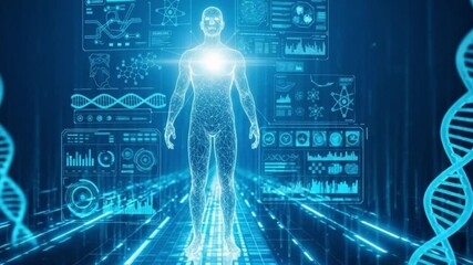 Human body depicted with technological interface and data visualization - Powered by Adobe