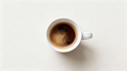 Freshly brewed dark espresso sits centered in a white ceramic cup viewed from directly above