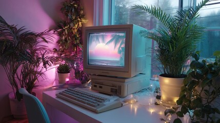 Retro computer setup with a vaporwave aesthetic on monitor screen. Nostalgic 80s and 90s technology evoking cyber punk and old desktop design.