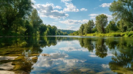 Fototapeta premium Clear river flowing through green forest with cloud reflections on water surface. Beautiful summer landscape for nature photography.