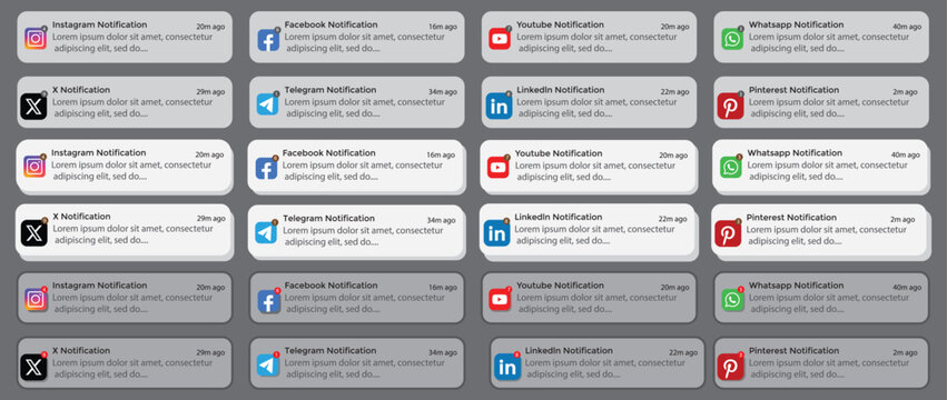 iOS notification mockup. iOS notification banners mockup with Instagram, Facebook, Twitter X, TikTok, YouTube, LinkedIn, WhatsApp, Telegram. iOS notification UI mockup template with new message alert 