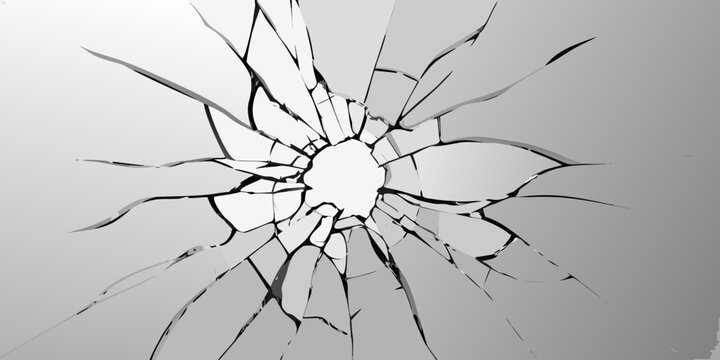 Abstract radial pattern of shattered glass with a central hole and radiating cracks on a light gray background