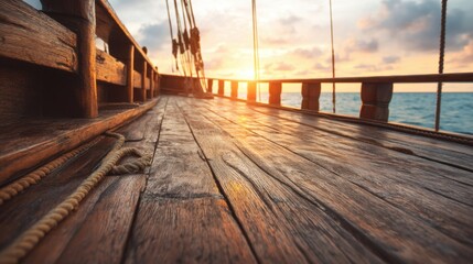 Naklejka premium Wooden deck of a sailing boat at sunset over the ocean. Concept of sea travel, vacation, and adventure. Tropical holiday cruise background.