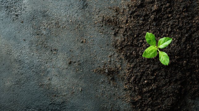 Fototapeta Young green plant sprout emerging from dark soil on a textured background. Concept of growth, nature, new life for Earth Day or environmental themes.