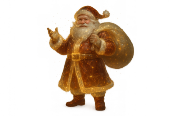 Santa claus character bringing light and magic, carrying presents in a sparkling sack, transparent background