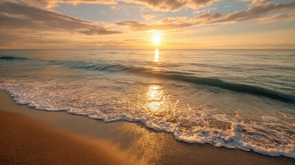 Obraz premium Bright sunset over calm ocean waves reaching sandy beach. Golden sun path on water. Nature background with tranquil seascape for relaxation.