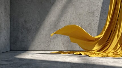 Minimalist interior with flowing yellow fabric in sunlight, elegant modern art composition with soft shadow and concrete texture