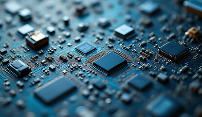 Detailed view of a computer circuit board with processor and microcomponents