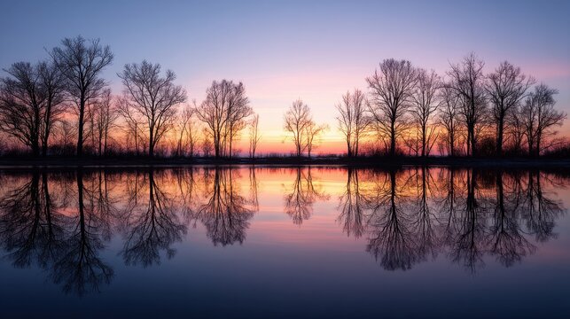 Bare tree silhouettes and their calming water reflection at sunset. Tranquil scene for nature, mindfulness, and background design.