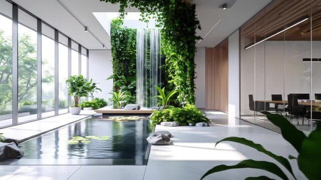 Modern interior with a water feature, a wall of greenery, a reflecting pool, and a meeting area