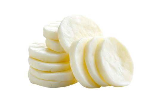 Stacked, round slices of pale yellow-white cheese