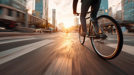 Man cyclist riding bicycle on city street crosswalk with motion blur at sunset. Urban lifestyle concept.