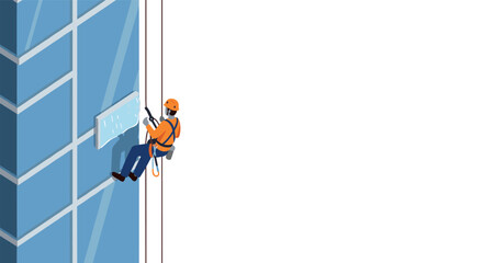 Professional window cleaner suspended on skyscraper with safety gear