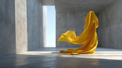 Minimalist interior with flowing yellow fabric in sunlight, elegant modern art composition with soft shadow and concrete texture