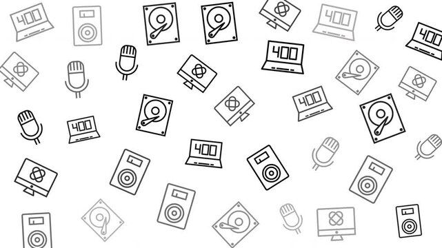 Seamless Pattern of Vintage Audio Devices and Cassette Tapes, Graphic Design, Minimalist Style, Digital Illustration