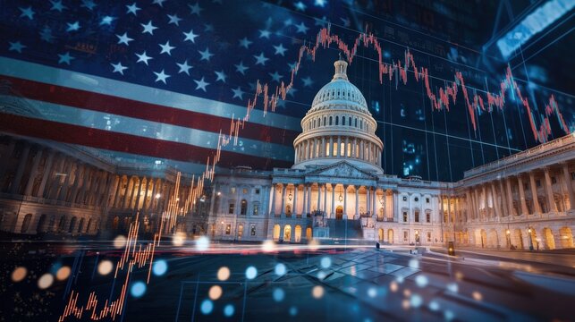 United States Capitol Building with american flag and financial stock market data overlay. Concept of government economy and patriotic finance.
