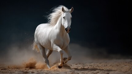 Fototapeta premium White horse running across a desert creating dust, portraying power and freedom for nature, animal, or sports concepts.