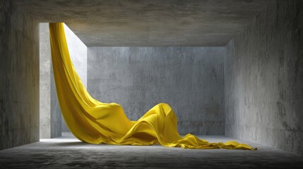 Minimalist interior with flowing yellow fabric in sunlight, elegant modern art composition with soft shadow and concrete texture