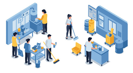 Isometric office cleaning scene with workers performing various tasks in a modern workplace setting