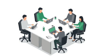 Collaborative office meeting with team working on laptops in isometric style