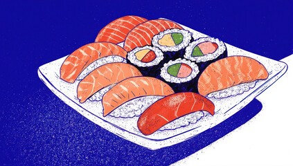 Delicious Assortment of Fresh Sushi and Maki Rolls on a White Plate.