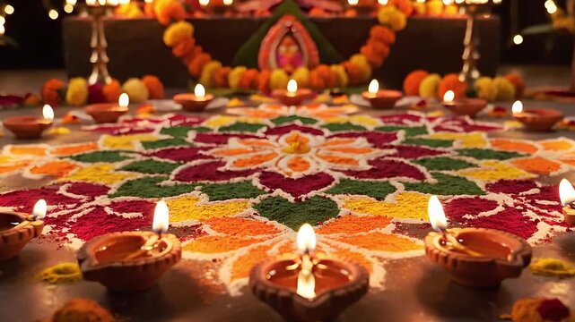 Colorful Rangoli Design with Lit Oil Lamps and Marigold Decorations Celebrating Diwali Festival of Lights