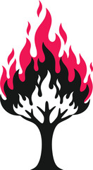 Stylized burning tree icon with vibrant red and black flames against a clean white background