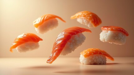 Different pieces of sushi floating in air isometric perspective product