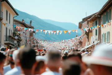 Obraz premium Cityscape of Celebration: An expansive crowd of people congregates on a vibrant street. The festive flags hung overhead create a backdrop of joy.