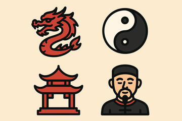 Chinese Symbols Set &ndash; Dragon, Yin Yang, Pagoda, and Traditional Man Icon