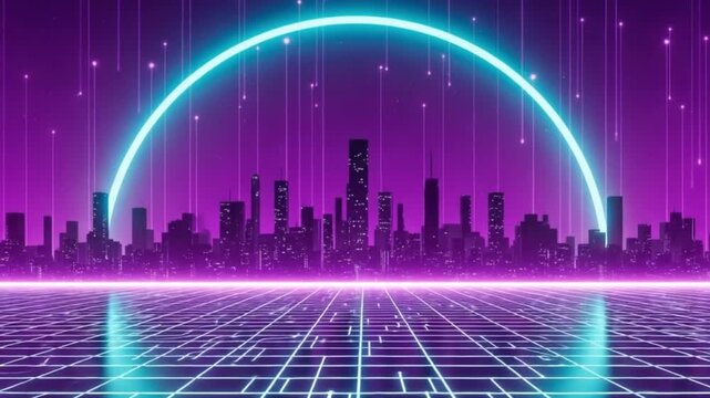 Neon cityscape with glowing arch and grid lines against a purple backdrop