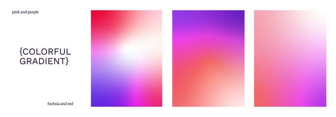 Naklejka premium Colorful gradient backgrounds. Purple, pink, red vibrant gradation with light leak vertical template set. Vector pink violet backdrop with light spark. Fashion wallpaper design. Glamour bright poster.