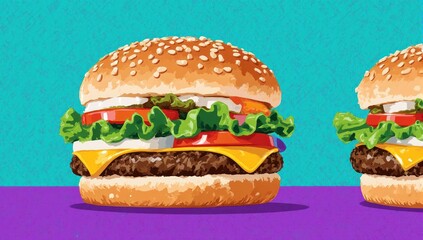 Delicious cheeseburger with fresh vegetables on a sesame seed bun.